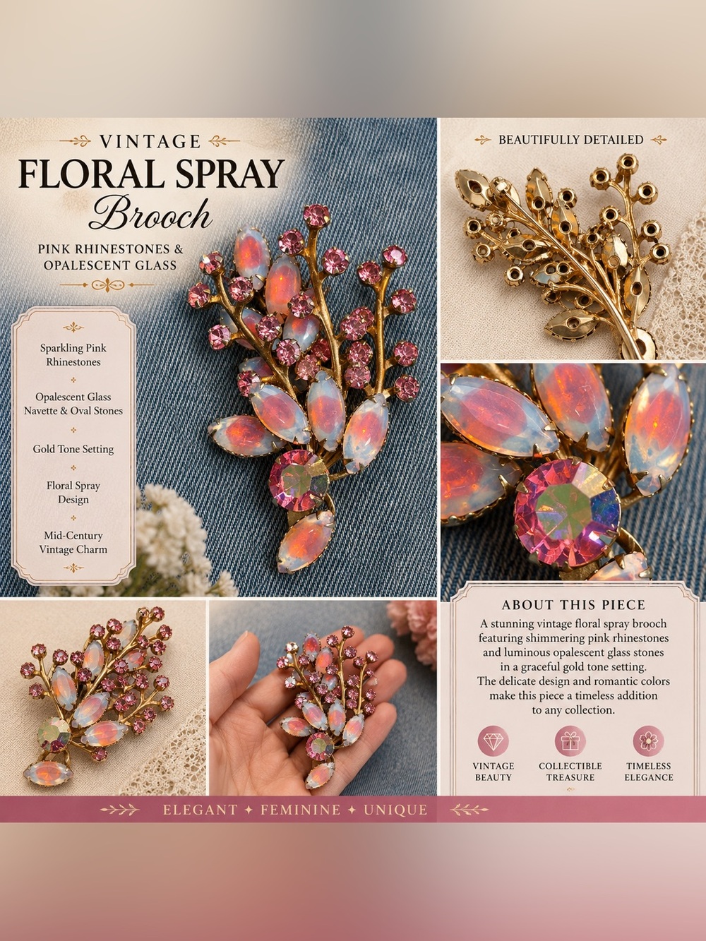 Vintage Floral Spray Brooch - Pink Opalescent Gold Tone